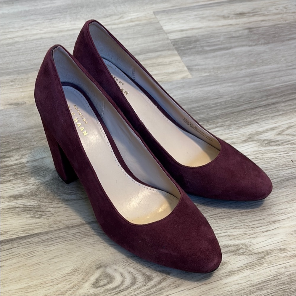 Cole Haan Plum Suede Block Heel Pumps